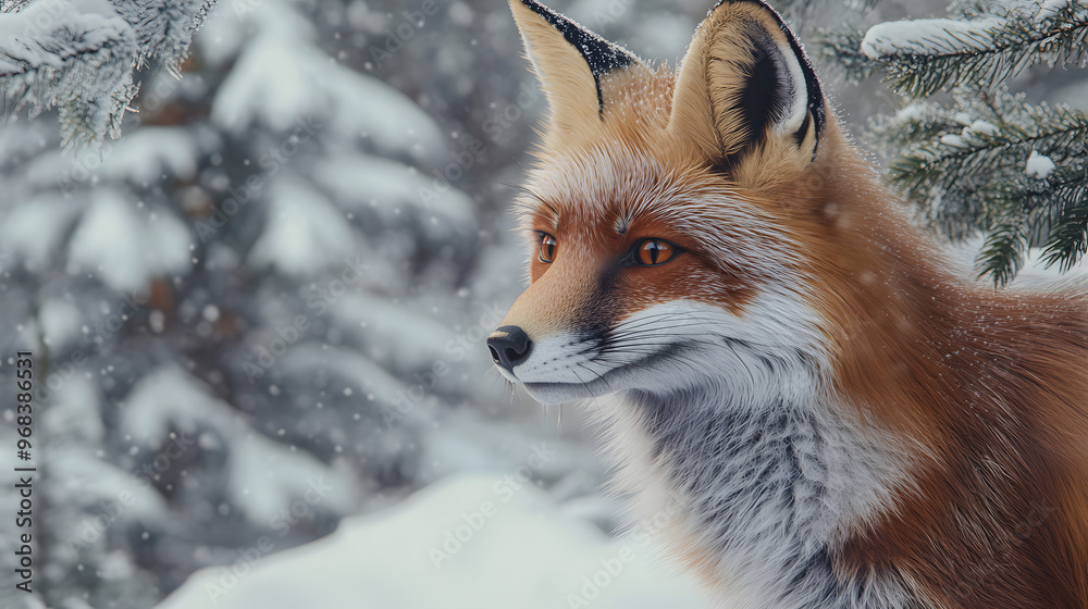Close-Up of a Red Fox in a Snowy Forest with Its Fur Coat and Sharp Eyes Standing Out Against the White Snow Close-Up of a Red Fox in a Snowy Forest with Its Fur Coat and Sharp Eyes Standing Out Against the White Snow