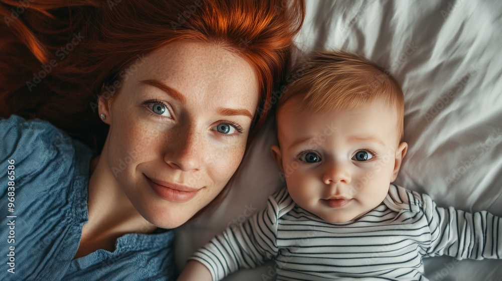 A joyful mother and baby relaxing together on a cozy bed during a sunny afternoon in their home A joyful mother and baby relaxing together on a cozy bed during a sunny afternoon in their home