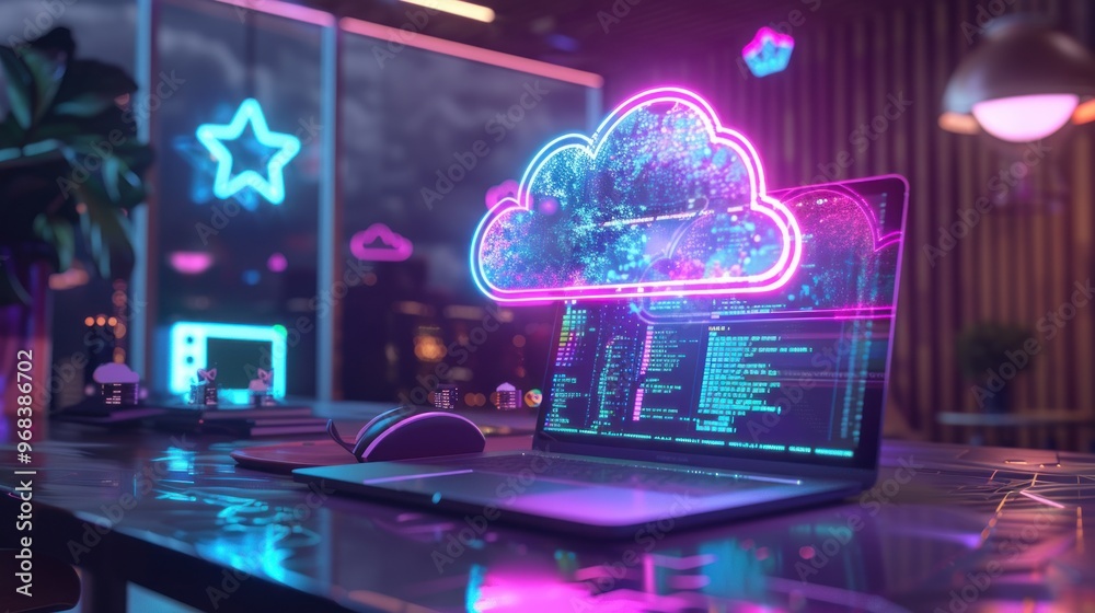 A futuristic workspace featuring a laptop with a glowing cloud graphic and coding interface. A futuristic workspace featuring a laptop with a glowing cloud graphic and coding interface.