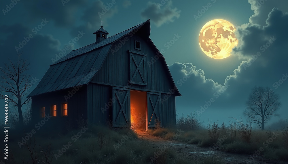 A haunted barn with its doors creaking open to reveal dark, ominous shadows inside set against a backdrop of a glowing full moon and eerie clouds rolling across the sky A haunted barn with its doors creaking open to reveal dark, ominous shadows inside set against a backdrop of a glowing full moon and eerie clouds rolling across the sky