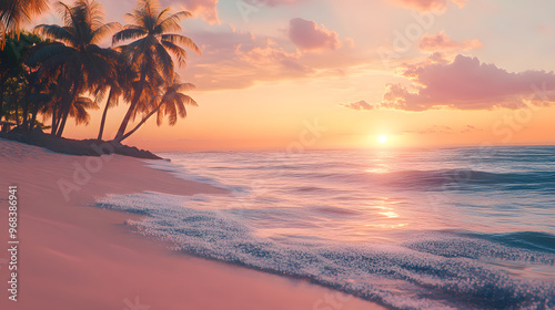 Vibrant Shot of a Secluded Beach at Sunrise with Gentle Waves and Palm Trees Swaying in the Breeze Under a Pink and Orange Sky