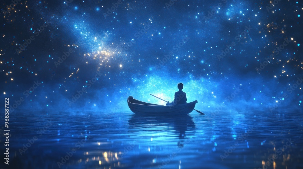A serene figure in a boat amidst a starry cosmic landscape reflecting on water. A serene figure in a boat amidst a starry cosmic landscape reflecting on water.