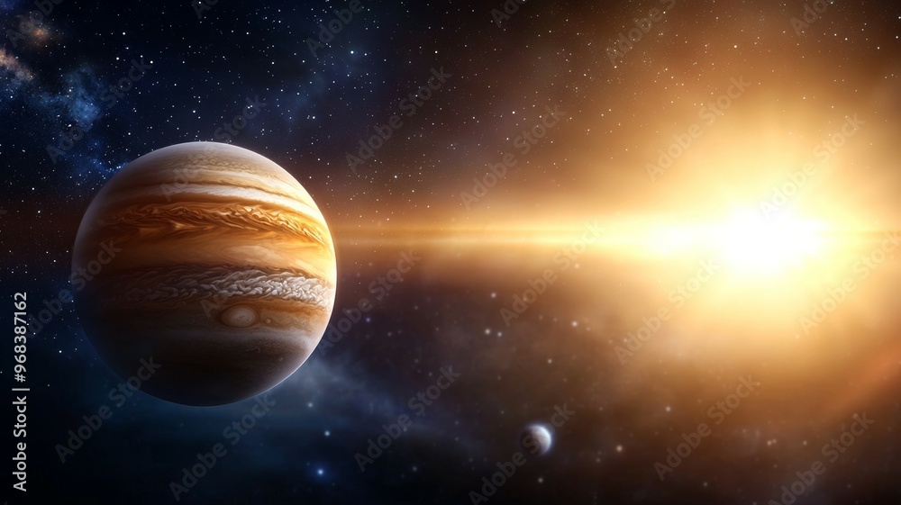 A large planet is in the foreground of the image A large planet is in the foreground of the image