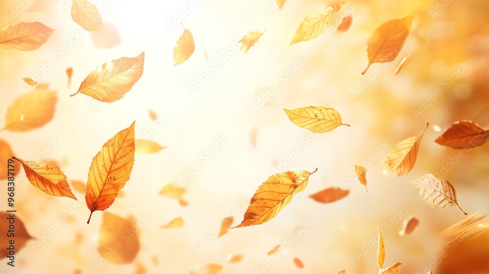 Obraz premium A serene scene of falling autumn leaves illuminated by warm sunlight.