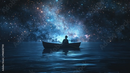 A solitary figure in a boat gazes at a starry cosmic sky, evoking contemplation and wonder.