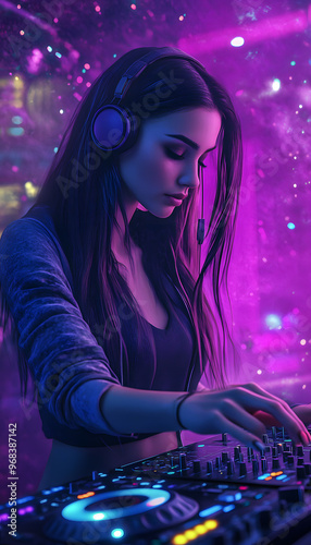 A young and beautiful female DJ performing , Photo realistic