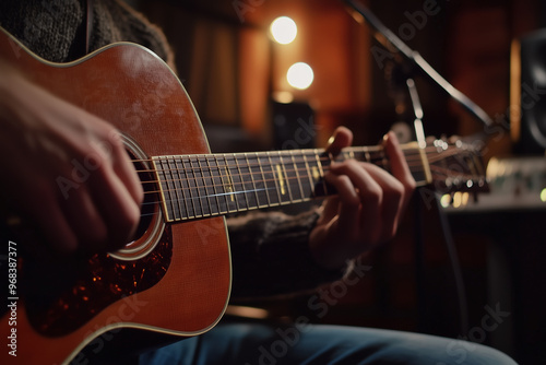 A Caucasian person playing on an acoustic guitar in a recording studio with a blurred studio in the background.