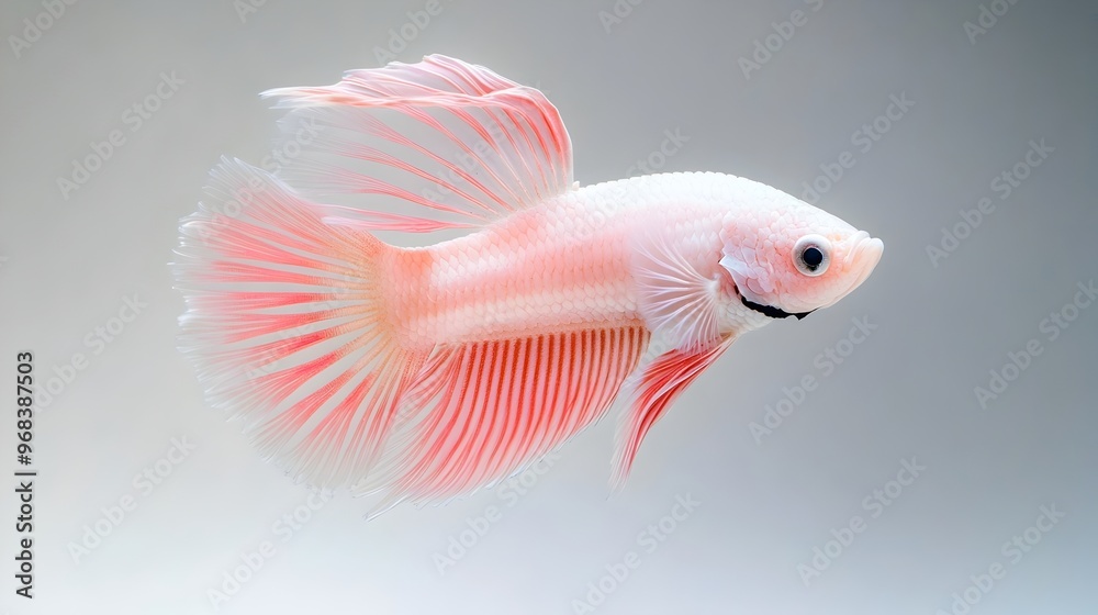 Graceful Betta Fish with Delicate Pink and White Fins Against White Backdrop Graceful Betta Fish with Delicate Pink and White Fins Against White Backdrop