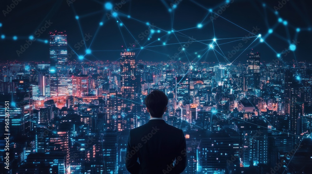 A businessman gazes over a futuristic cityscape connected by digital networks. A businessman gazes over a futuristic cityscape connected by digital networks.