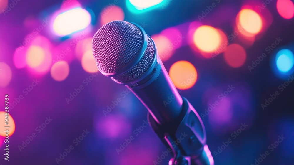 A close-up of a microphone against a colorful, illuminated background. A close-up of a microphone against a colorful, illuminated background.
