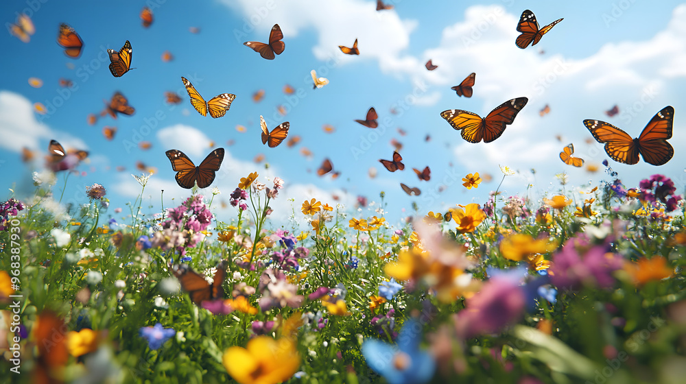 Vibrant Shot of a Swarm of Butterflies Flying Through a Meadow Filled with Wildflowers Against a Bright Blue Sky Vibrant Shot of a Swarm of Butterflies Flying Through a Meadow Filled with Wildflowers Against a Bright Blue Sky