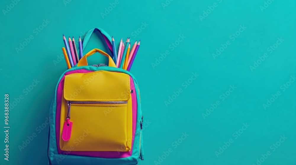 A colorful backpack filled with pencils against a bright turquoise background. A colorful backpack filled with pencils against a bright turquoise background.