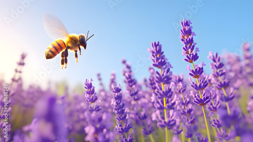 Vibrant Shot of a Honeybee Flying Towards a Field of Lavender in Full Bloom with Its Wings in Motion