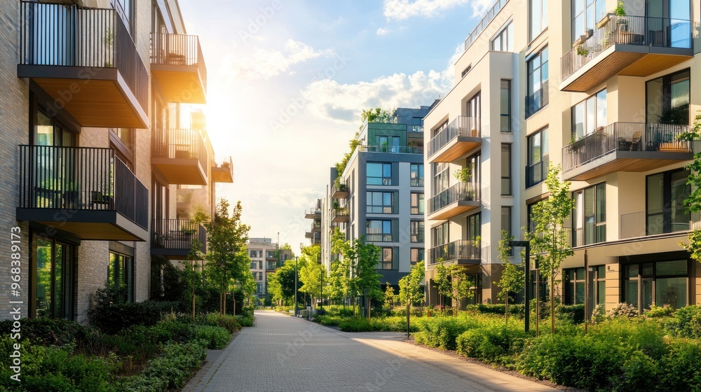 Modern residential buildings with greenery and a pathway under a sunny sky. Modern residential buildings with greenery and a pathway under a sunny sky.