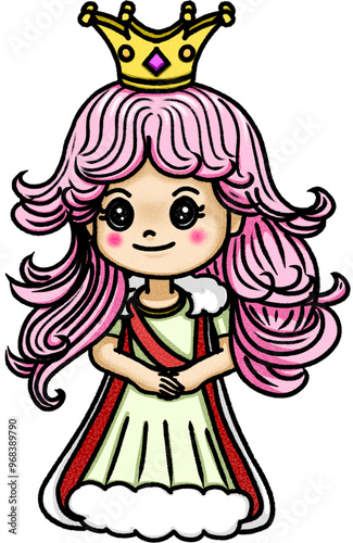 The pink hair queen with golden crown, cartoon character 