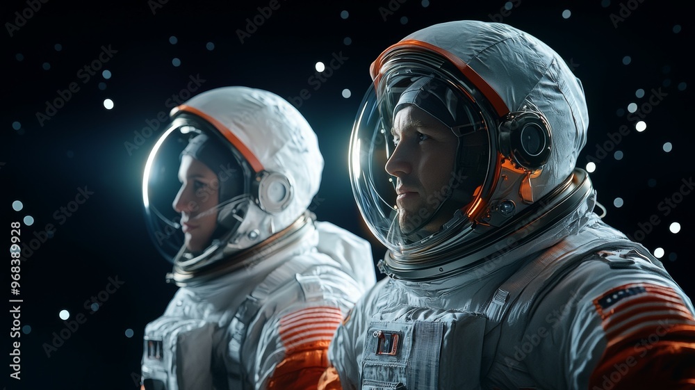 Two astronauts in space suits are looking at each other Two astronauts in space suits are looking at each other