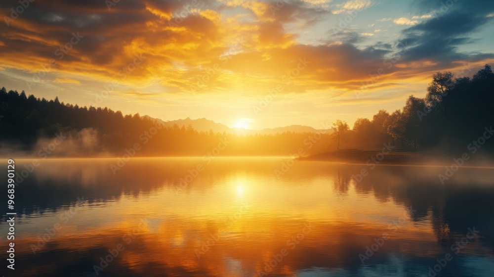 A beautiful sunset over a lake with a reflection of the sun on the water A beautiful sunset over a lake with a reflection of the sun on the water