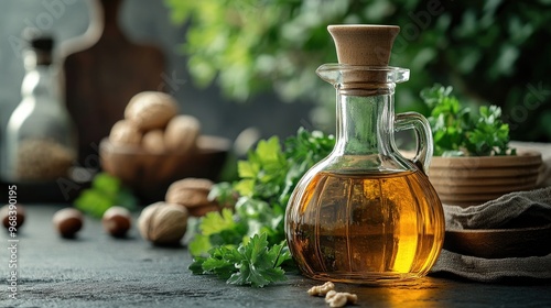 Walnut Oil in a Glass Bottle, Fresh Parsley, and Nuts on a Dark Table photo