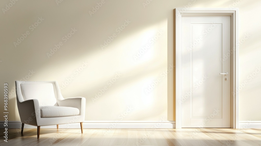 Fototapeta premium A white chair sits in front of a white door