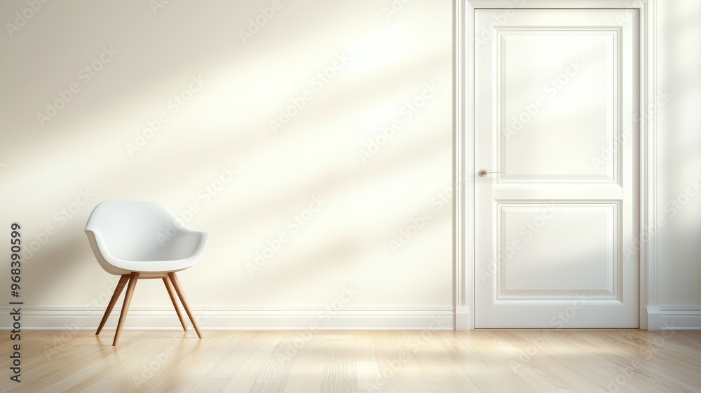 A white chair sits in front of a white door A white chair sits in front of a white door