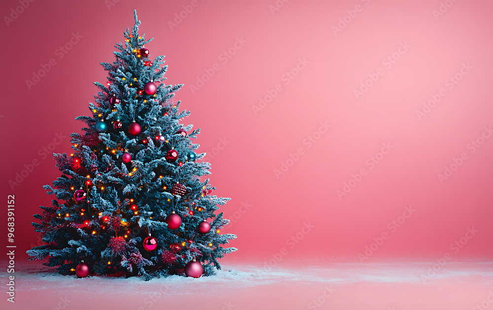 Festive Christmas Tree with Multicolored Lights on Pink Festive Christmas Tree with Multicolored Lights on Pink