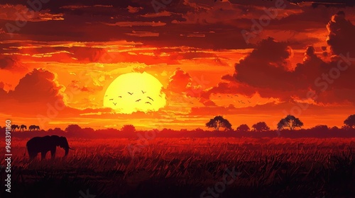 A captivating_ and fiery sunset over a vast savannah with silhouettes of roaming wildlife creating a stunning African land