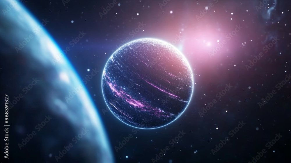 A large planet with a bright blue and pink swirls on it A large planet with a bright blue and pink swirls on it