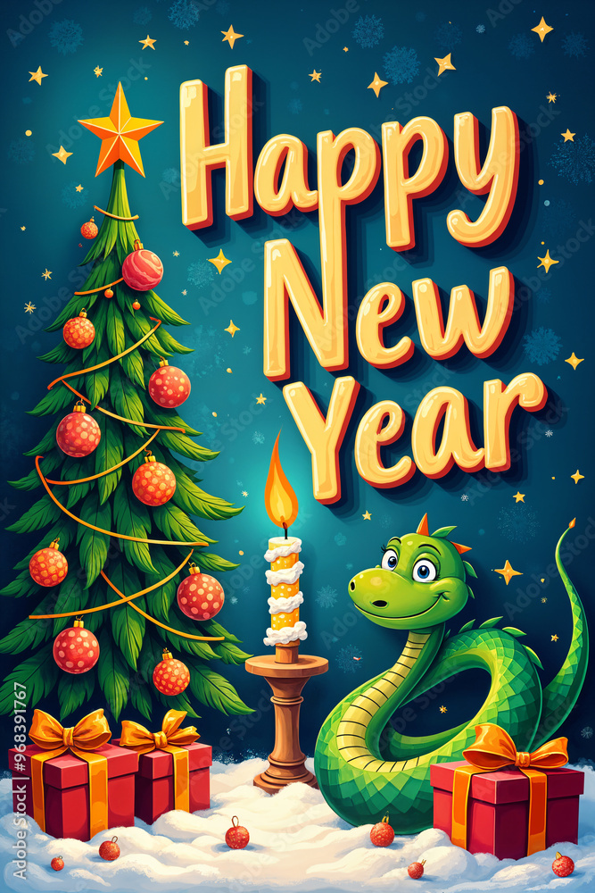 Fototapeta premium Colorful and festive greeting card for the holiday season, featuring a Christmas tree, a snake, and presents.