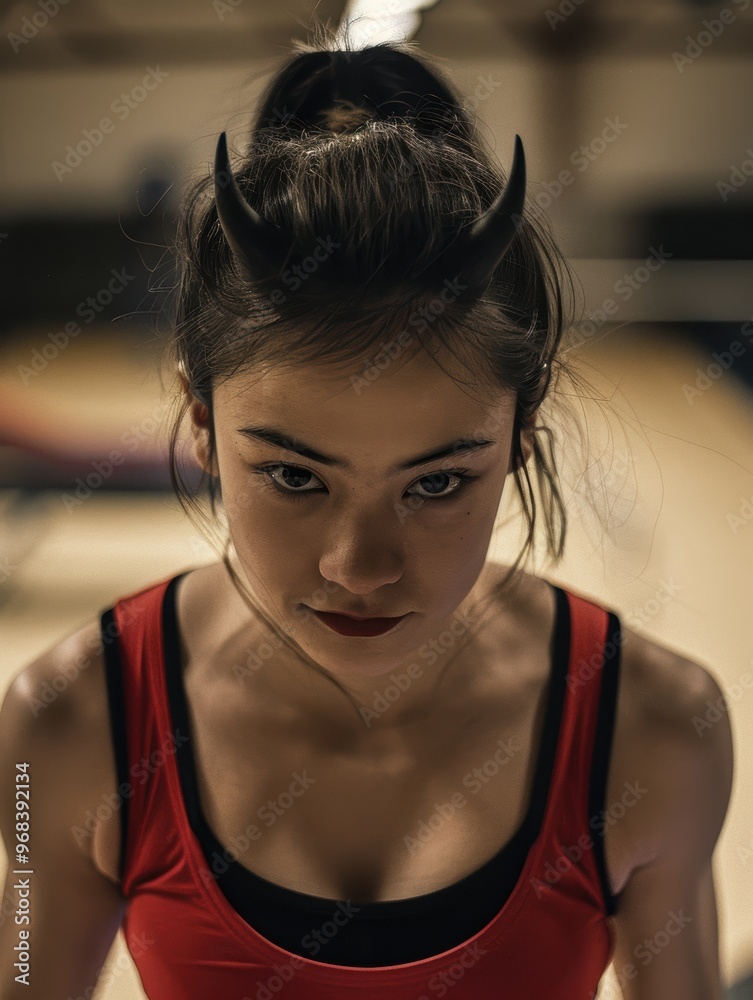 Intense woman with horns in workout clothes Intense woman with horns in workout clothes