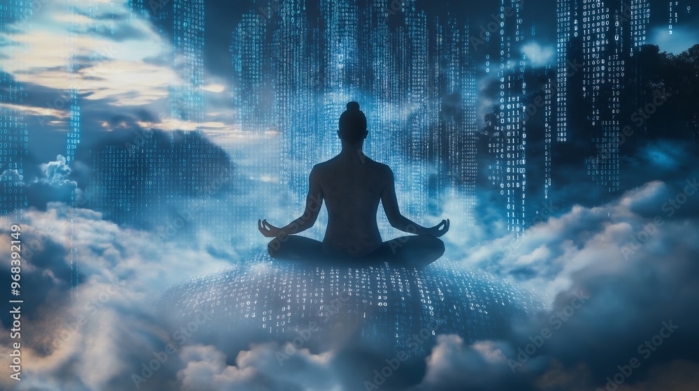 Woman Meditates Above Clouds in Digital World Woman Meditates Above Clouds in Digital World
