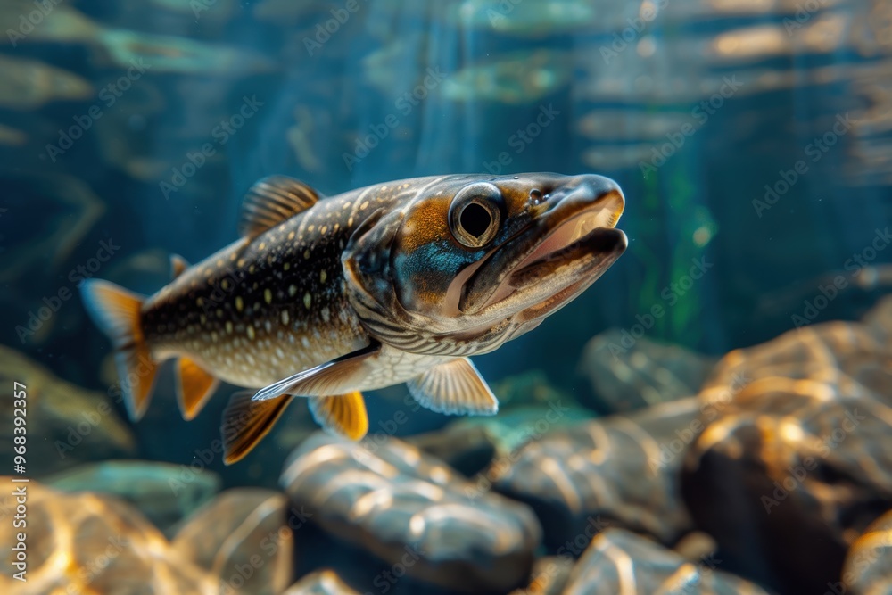 Closeup of a colorful freshwater fish swimming in an aquarium Closeup of a colorful freshwater fish swimming in an aquarium