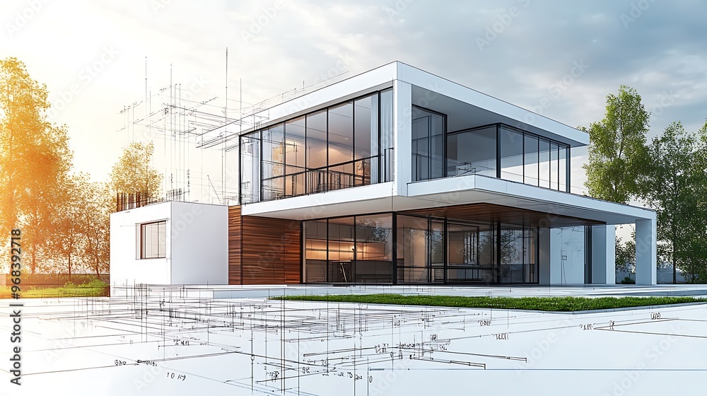 Architectural Blueprint of Modern House with Construction in Progress under Midday Sunlight Architectural Blueprint of Modern House with Construction in Progress under Midday Sunlight