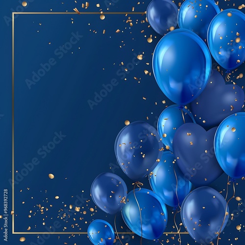 Blue and white balloons with confetti on blue background.