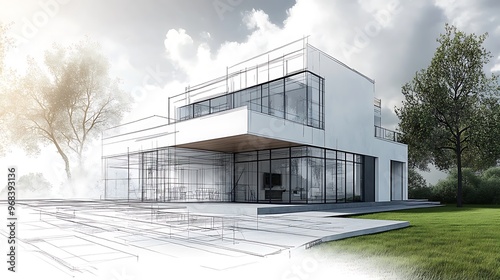 Modern House Architectural Drawing vs. Construction Site in Cloudy Weather - Concept of Design and Reality Contrast photo