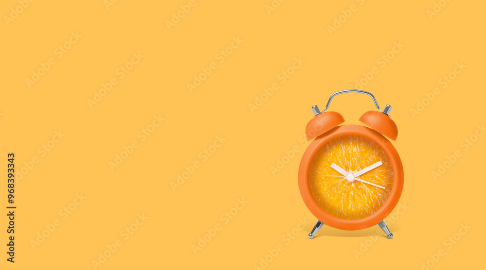 Juicy orange on alarm clock dial against light orange background. Creative poster with space for text, banner design Juicy orange on alarm clock dial against light orange background. Creative poster with space for text, banner design