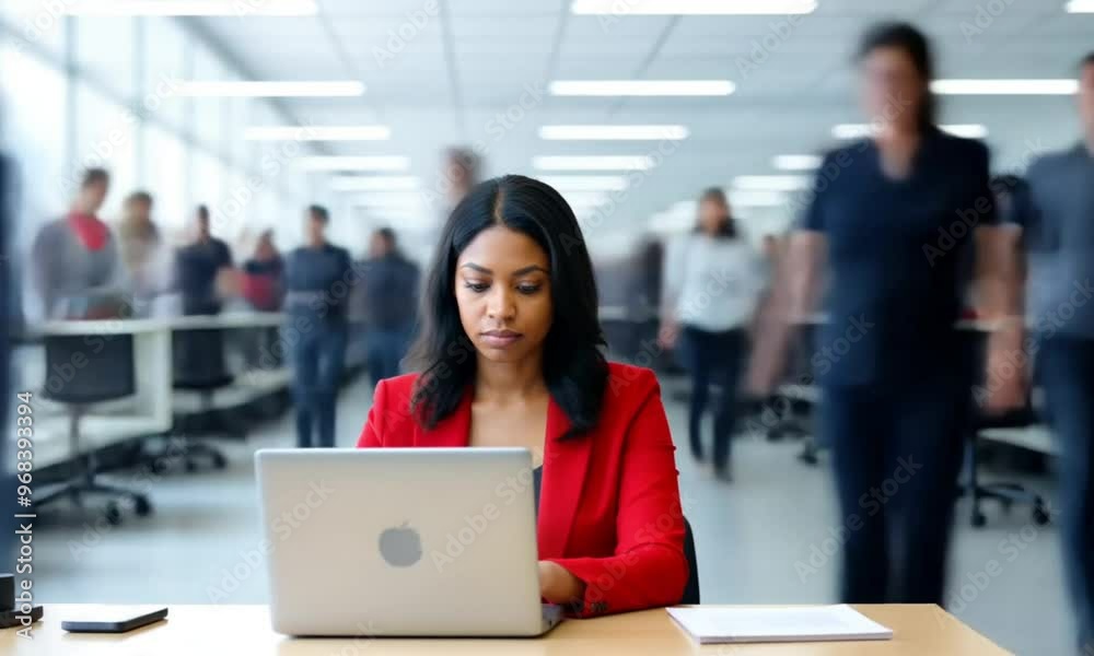 a woman is working in front of a laptop in an office with people moving quickly around her