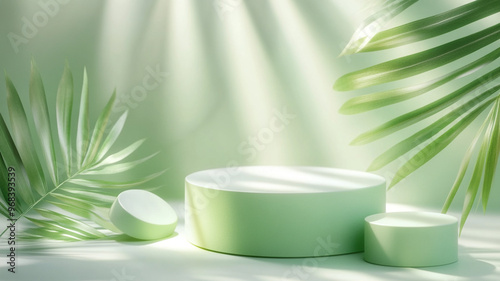 Green pastel podiums and tropical leaves create a serene setting for product display