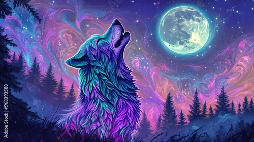 Wolf Howling at the Moon in a Colorful Night Sky