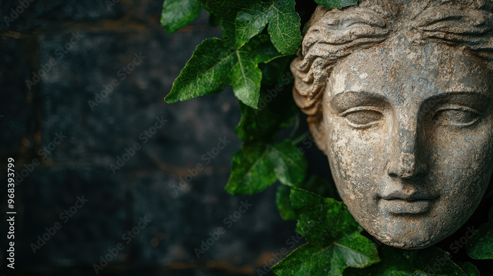 Serene stone buddha head surrounded by lush green leaves Serene stone buddha head surrounded by lush green leaves