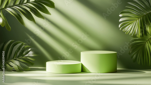 Minimalist green display with cylindrical pedestals and tropical foliage in soft light