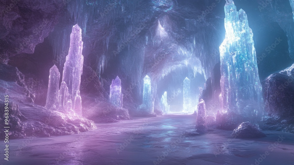 Ethereal Crystal Cave with Glowing Pillars and Icy Formations Ethereal Crystal Cave with Glowing Pillars and Icy Formations
