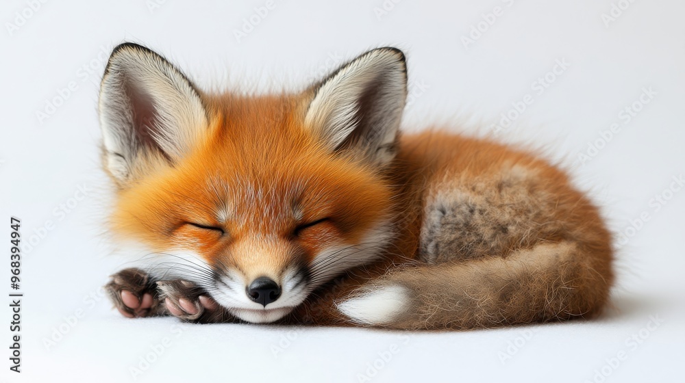 A baby fox, with soft red fur, curled up and sleeping on a white background. A baby fox, with soft red fur, curled up and sleeping on a white background.