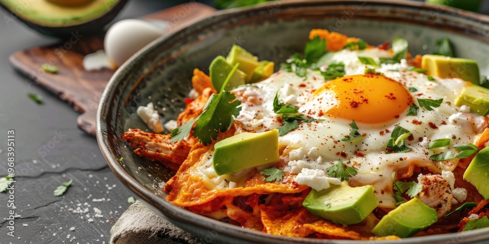 Classic red chilaquiles with chicken and avocado for breakfast or lunch Classic red chilaquiles with chicken and avocado for breakfast or lunch
