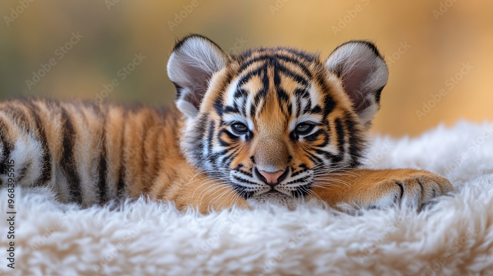 Obraz premium A baby tiger cub with vibrant orange and black stripes, lying down on a white background.