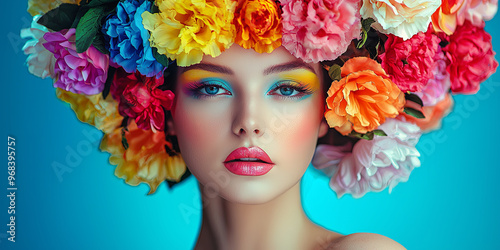 A beautiful woman with colorful flowers on her head,generative AI