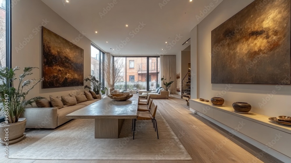 Modern living room with large artworks and elegant furnishings. Modern living room with large artworks and elegant furnishings.