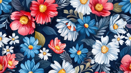 Floral Paradise on Navy Blue Canvas: A Watercolor Textile Design