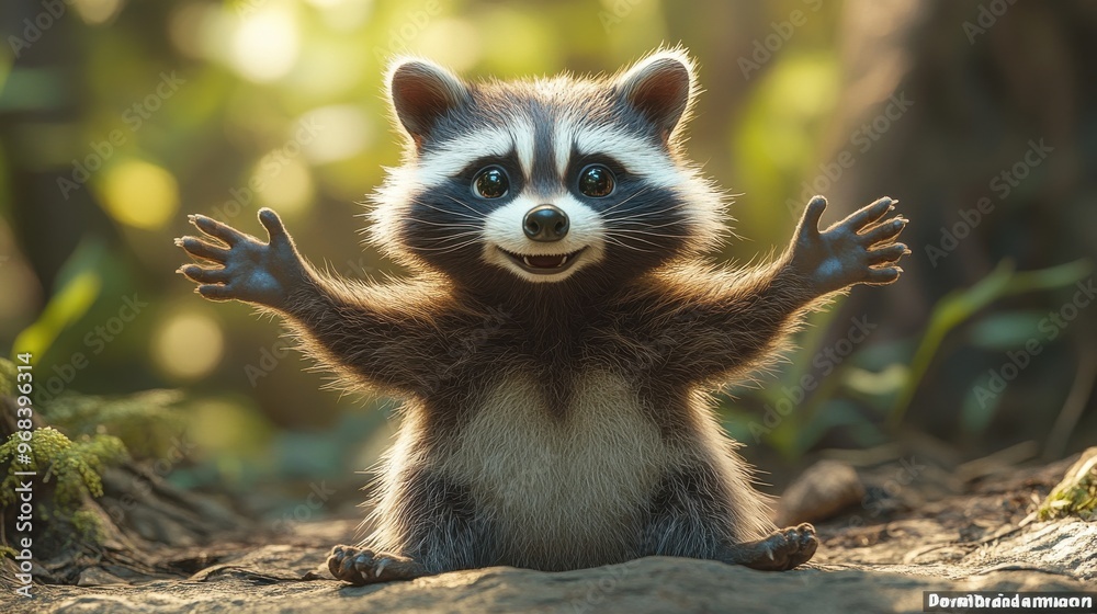A chubby cartoon raccoon sitting with its paws outstretched, on a white background. A chubby cartoon raccoon sitting with its paws outstretched, on a white background.