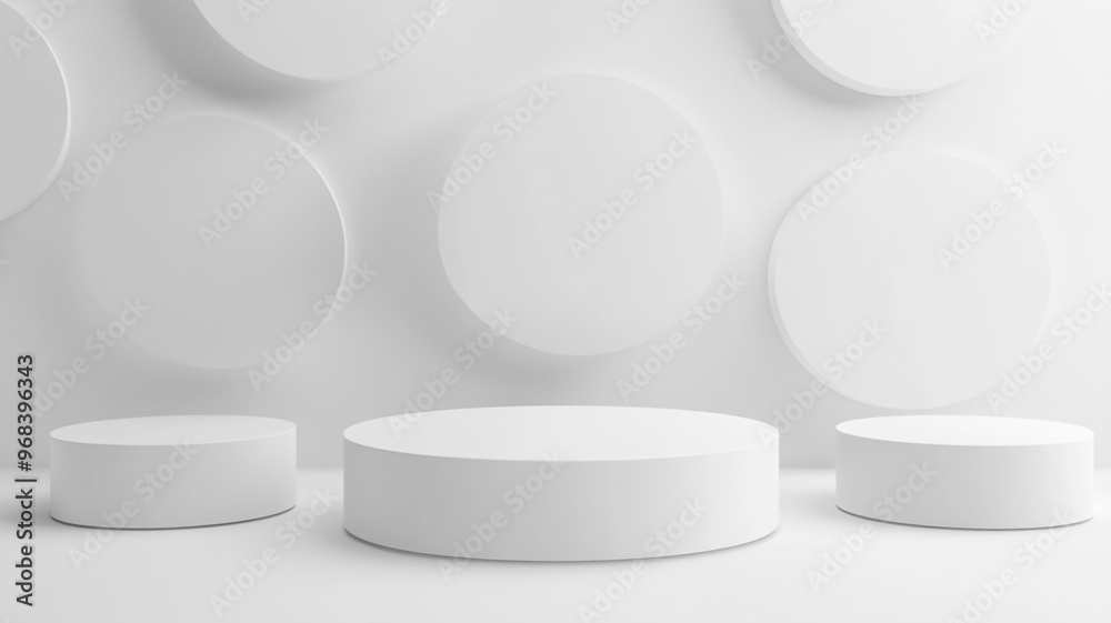 Minimalist white display with circular platforms against textured wall in a modern setting Minimalist white display with circular platforms against textured wall in a modern setting