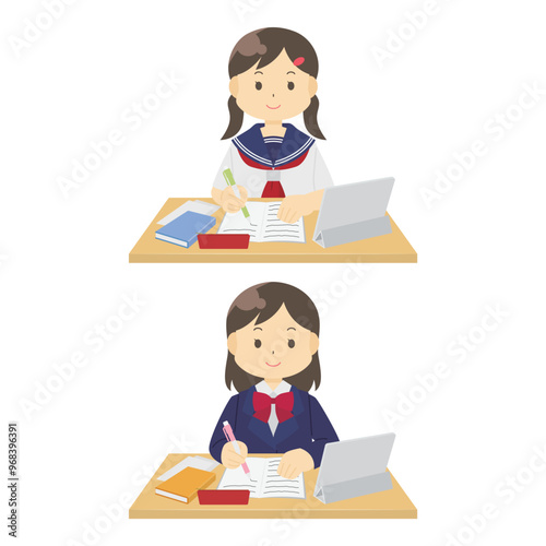 タブレット端末を使いながら勉強する女の子